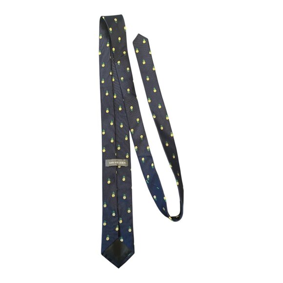 Van Heusen Pineapple Tie – Navy Blue Silk Necktie – 58" – Tropical Novelty Print - Picture 3 of 4